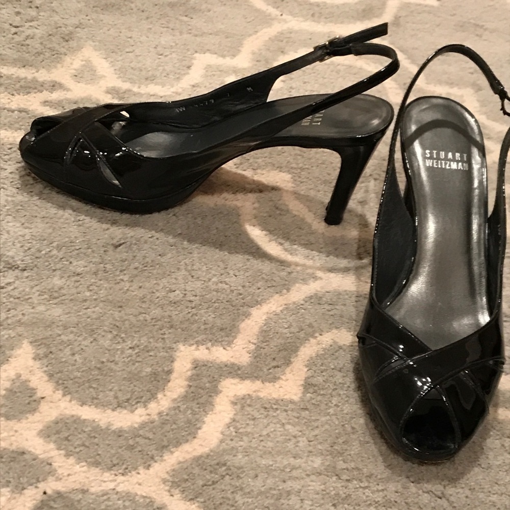 Stuart Weitzman Black Patent Peep Toe Slingbacks